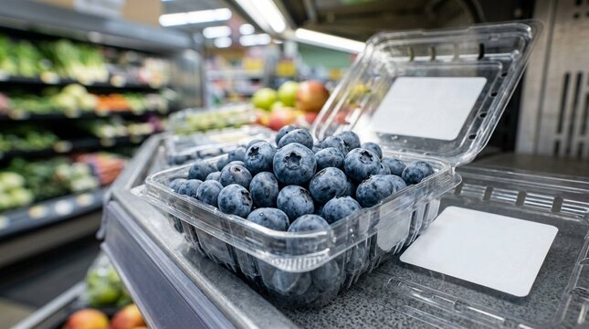Plastic clamshell of fresh blueberries, fine dusty bloom texture visible on individual berries | Grocery Food Packaging Stock Photo