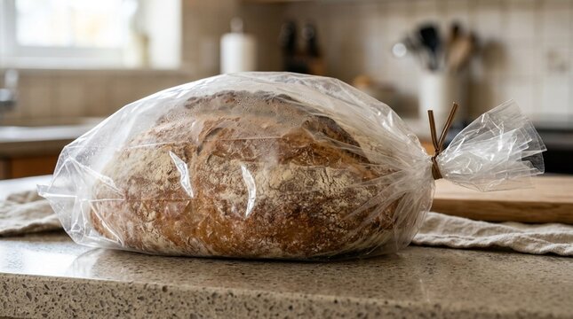 Plastic bread bag with a twist tie closure, resting on a kitchen counter | Grocery Food Packaging Stock Photo