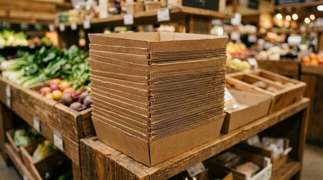 Stack of recyclable corrugated cardboard trays used for produce display | Eco-Friendly Sustainable Packaging Stock Photo