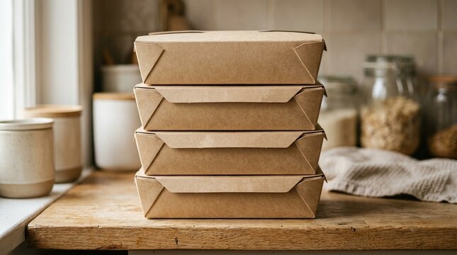 Stack of recyclable paper meal-prep containers with fold-lock lids | Eco-Friendly Sustainable Packaging Stock Photo