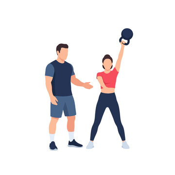 Vector illustration of kettlebell exercise form and technique instructions showing proper body alignment and positioning for strength training and functional fitness workouts.