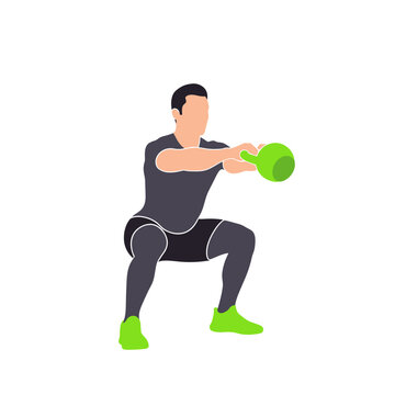 Vector illustration of a fitness athlete performing a dynamic kettlebell swing movement. Detailed silhouette of a person swinging a heavy weight for functional cross-training exercise.