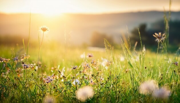 Wild Field Flowers And Green Grass Sun Light Meadow Summer Spring Nature