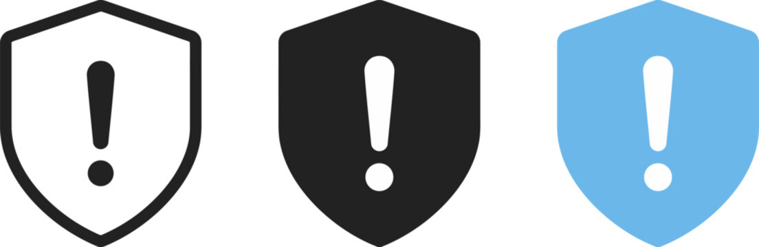 Set of security shield icons with warning