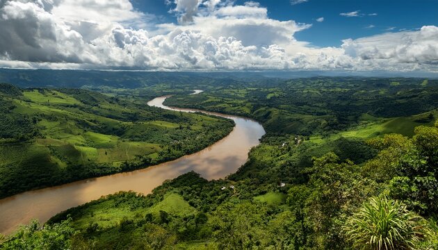 The Guayabero River Flows Through Vibrant Green Hills Under A Partly Cloudy Sky In Colombia S Guaviare Region