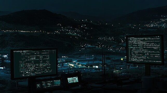 Nighttime hacking, mountain view, code on screens. Cybersecurity concept