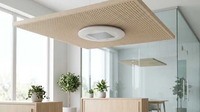Modern smart building environmental sensor and light panel integrated into a suspended acoustic ceiling tile in a bright corporate office