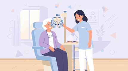 Obraz premium Optometrist examining a senior woman's eyes with a refractometer in a clinic.