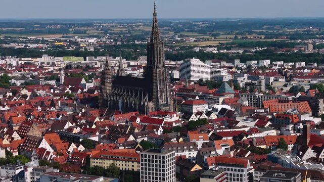 A panoramic aerial view beside the old town and m&uuml;nster in the city Ulm in Germany on a sunny summer afternoon. 