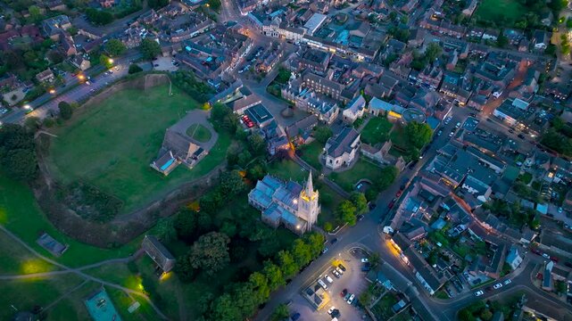 Aerial view of All saint church in Oakham, a market town and civil parish in Rutland in the East Midlands of England, UK