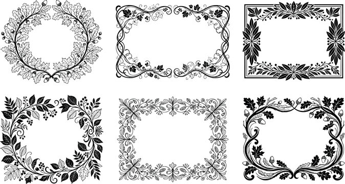 Set of vintage floral frames, decorative borders with oak leaves, acorns and berries, hand drawn vector illustration transparent background