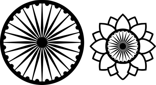 Ashoka Chakra wheel and lotus flower with chakra outline icon set in black, a clean vector symbol duo representing Indian national heritage perfect for Independence Day and Republic Day designs