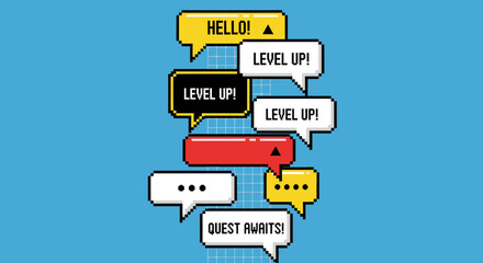 Fototapeta premium Pixel Art Speech Bubbles with Gaming Phrases: Level Up, Hello, Quest Awaits