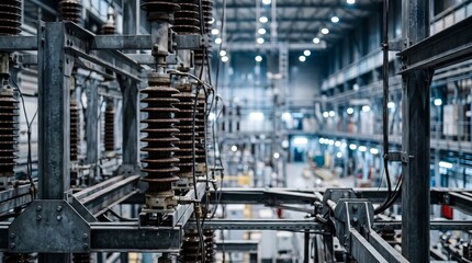 Fototapeta premium Interior of a Converter Hall With Steel Metal Frameworks and a Brown Ceramic Insulator Stack in the Foreground High Voltage Electrical Equipment