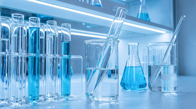 Laboratory equipment with blue liquid in test tubes and beakers
