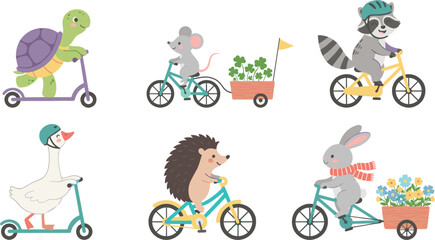 Cute Cartoon Animals Riding Bicycles and Kick Scooters Vector Set with Kawaii Turtle Mouse Raccoon Goose Hedgehog and Rabbit Eco Friendly Transport Character Collection Isolated on White Background