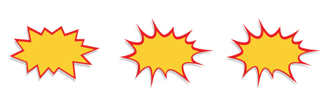 Three yellow comic book style starburst explosion shapes with red outlines on transparent background