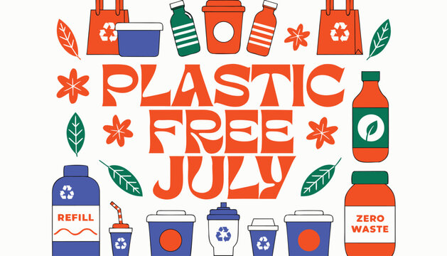 Plastic free july graphic design with sustainable eco friendly icons