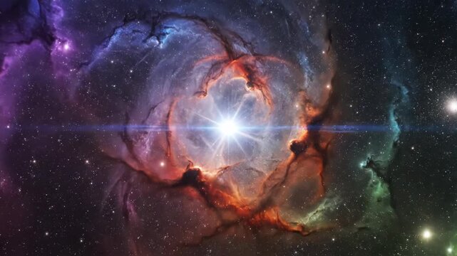 Vibrant multicolored cosmic nebula with swirling gas clouds and a bright central star displaying horizontal lens flare amidst a dense starfield in deep outer space.