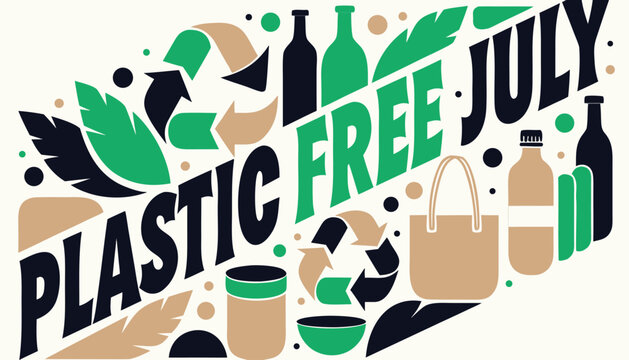 Plastic free july campaign graphic with green and beige icons