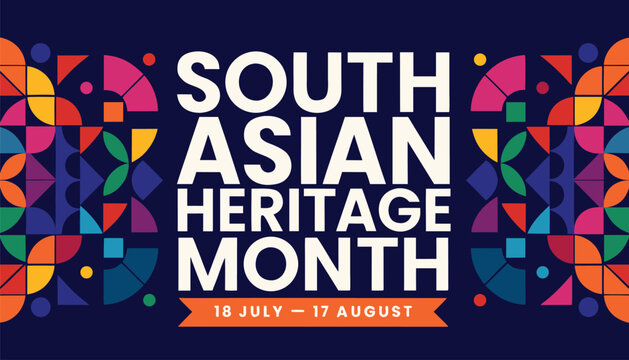 Vibrant banner celebrating South Asian heritage month with colorful geometric patterns