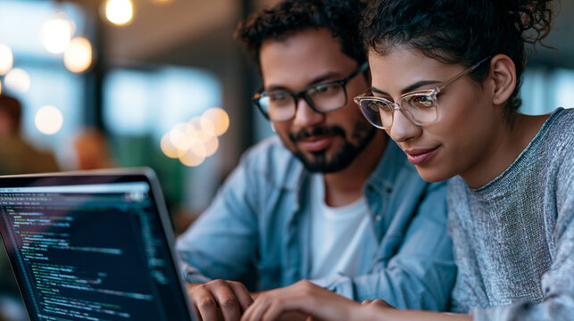 Two attractive programmers reviewing code on a laptop in a bright modern office candid collaboration software development teamwork technology with copy space