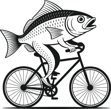 A large fish riding a bicycle in a playful, cartoonish illustration style on white background.