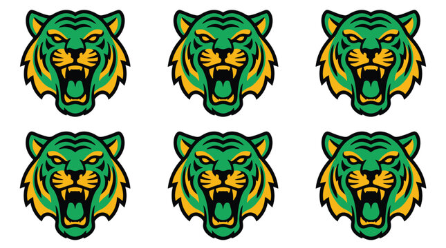 Six pixel art tiger heads in green, yellow, and black on a white background, representing strength and ferocity, suitable for sports teams or logos