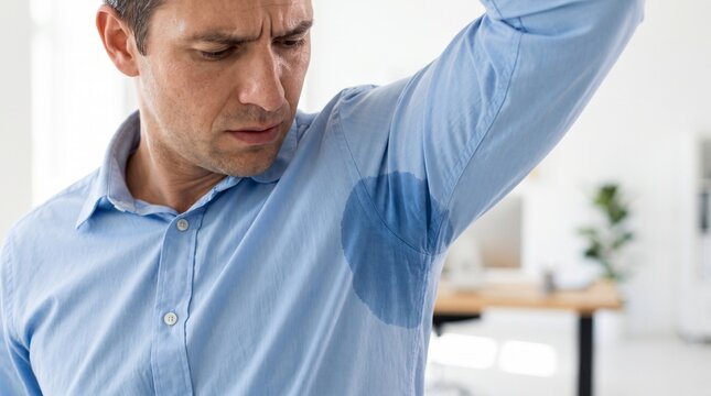 A photorealistic close-up of a man wearing a light blue button-up shirt, lifting his arm to inspect a large sweat stain under his armpit with a concerned expression.