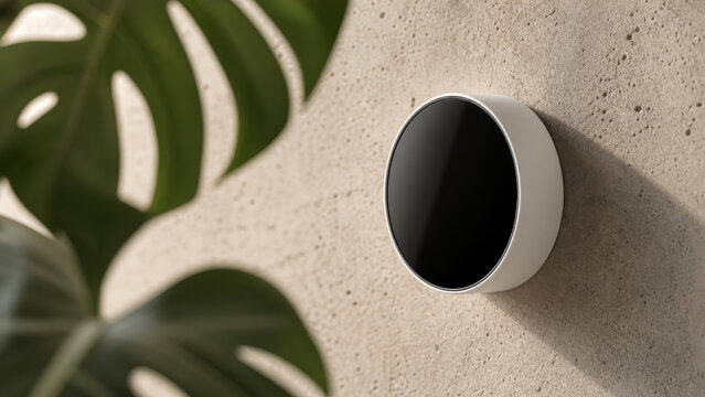 Sleek close up of a modern matte white smart thermostat device with blank black screen on a textured concrete wall with blurred monstera leaf background.