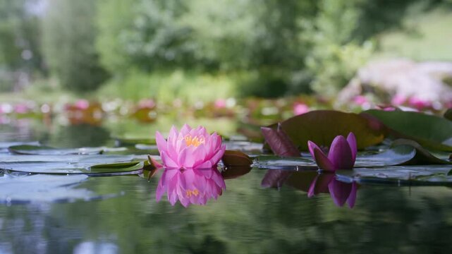 Pink lotus flower or water lily reflected on the water surface
