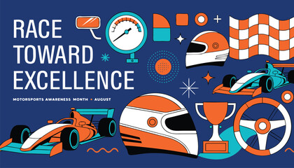 Colorful flat design illustration featuring racing cars and racing gear equipment © vectyx2