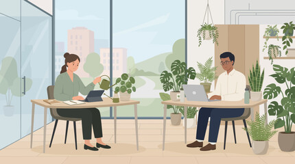 Fototapeta premium Modern Office with Greenery and Remote Workers