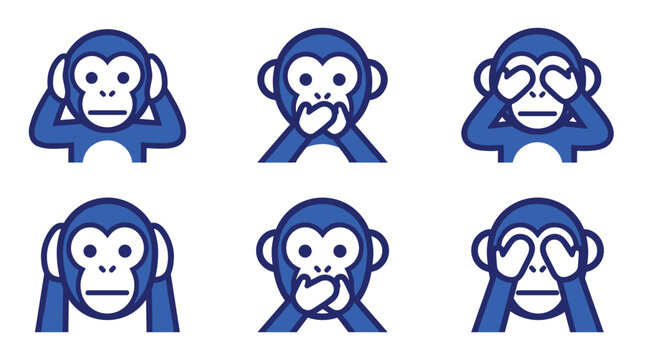Set of three wise monkeys icons, pixel art style, depicting see no evil, speak no evil, hear no evil, digital illustration, simplified characters