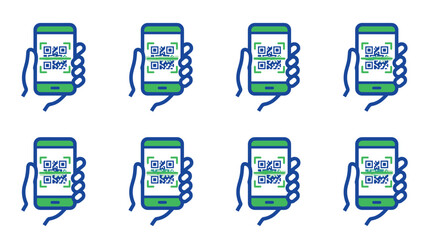 Fototapeta premium Set of eight hands holding smartphones displaying QR codes with different numbers and symbols for scanning and digital verification