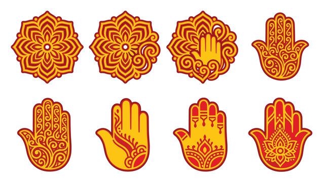 Collection of eight pixelated Indian mandala and hamsa hand icons in red and yellow, symbolizing good luck and spiritual protection, representing cultural heritage