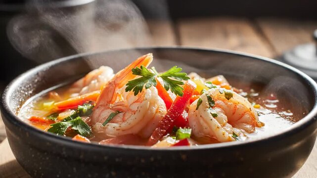Steaming hot seafood soup in a dark ceramic bowl featuring large cooked prawns, sliced red bell peppers, and fresh herbs on a rustic wooden table under natural light.
