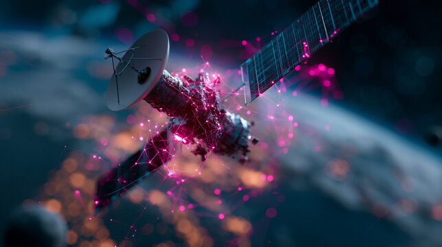 A glowing telecommunication satellite providing a global internet network in low Earth orbit vivid neon depth in space worldwide data communication technology with copy space