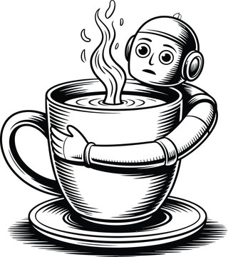 A cute robot character holding a steaming hot cup of coffee in a humorous illustration.