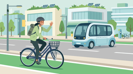 Fototapeta premium Woman cycling in smart city with autonomous vehicle, eco-friendly transport.