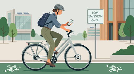 Fototapeta premium Woman cycling through low emission zone city, sustainable transport