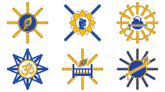 Collection of Indian cultural symbols and religious icons including Om, dharmachakra, and other spiritual emblems in blue and gold, representing peace and enlightenment
