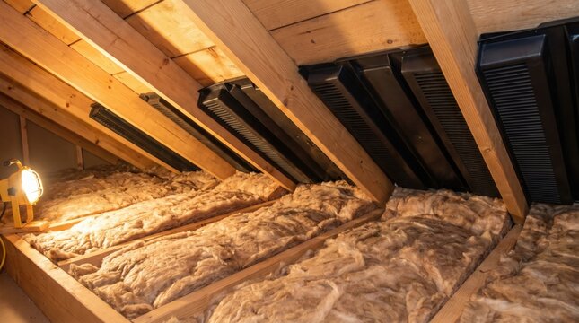 Interior view of a house attic showing installed fiberglass thermal insulation rolls and black roof ventilation baffles