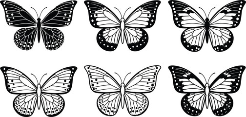 Butterfly silhouette illustration set, insect wildlife artwork, nature vector drawing, decorative wing pattern design concept © Fenshi