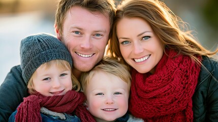 Fototapeta premium Happy family portrait outdoors in winter scarves and warm smiles.