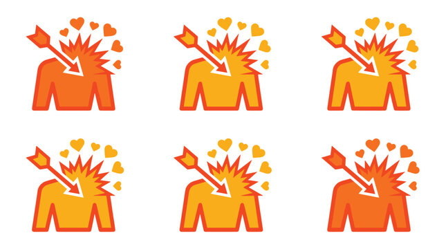 Pixelated human torso with arrow through chest and exploding hearts, set of six icons with gradient colors, representing love or passion, graphic elements