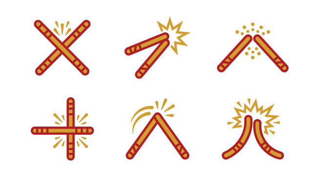 Set of icons depicting crossed sticks, breaking apart, sparking, and igniting, symbolizing conflict, separation, or energetic interaction