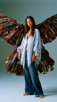A woman with long hair stands barefoot wearing a white shirt and blue jeans with a large wing made of violins attached to her back