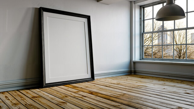 A large empty black-framed picture leaning against a wall next to a window