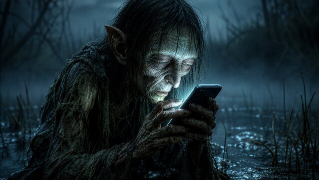 Eerie swamp creature holding glowing smartphone in dark marsh, concept of technology versus nature and fantasy horror